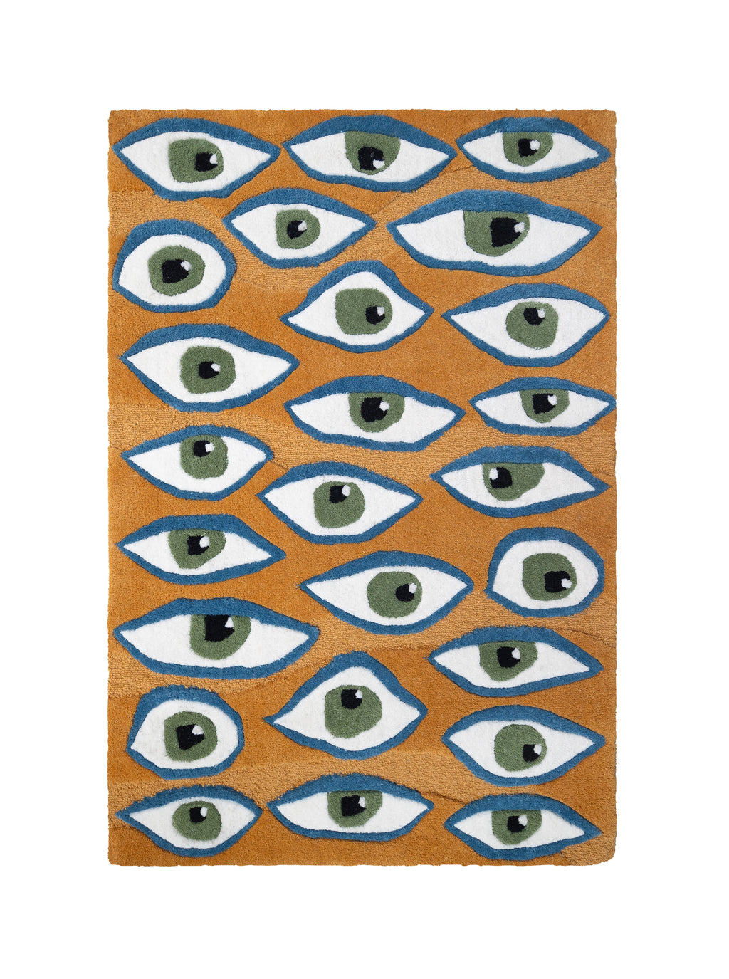 Alfombra rectangular Amuleto con patrón de ojos en colores azul, verde y blanco sobre fondo color mostaza.