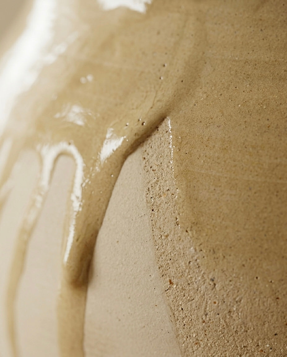 Detalle macro en primer plano que muestra la caída del esmalte brillante y traslúcido sobre la superficie porosa, arenosa y rugosa de la arcilla artesanal.