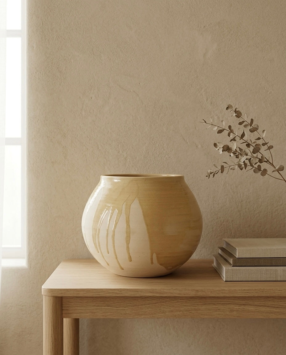 Vasija redonda tipo globo de cerámica de autor con acabado de esmalte brillante chorreado y base mate texturizada, expuesta en un ambiente decorativo minimalista y cálido.