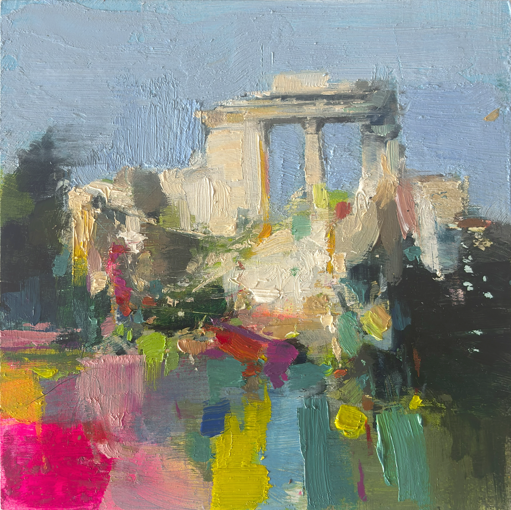 Obra de arte "Columnas Invisibles" de Carlos Milanés, un óleo de 20x20 cm que muestra una estructura arquitectónica abstracta con pinceladas de colores vibrantes y texturas ricas.