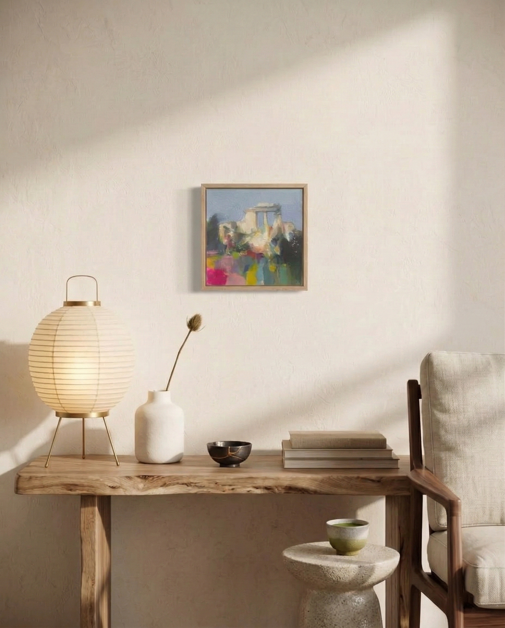 Decoración estilo Japandi con la obra "Columnas invisibles", un cuadro contemporáneo de ruinas clásicas en tonos rosas, verdes y azules.