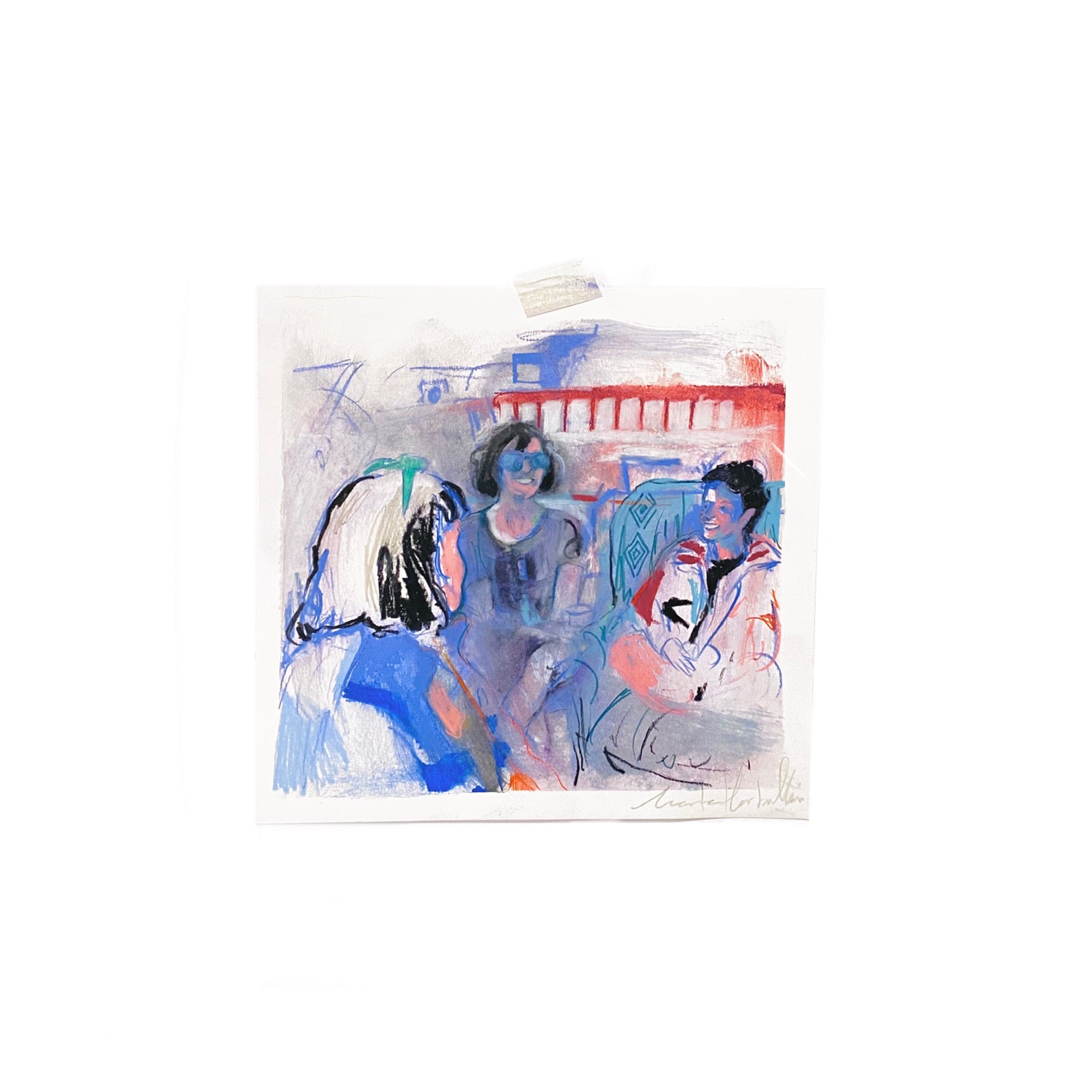 Obra original "Despedida de Alba" que muestra una figura femenina de perfil con trazos abstractos en azul y naranja.
