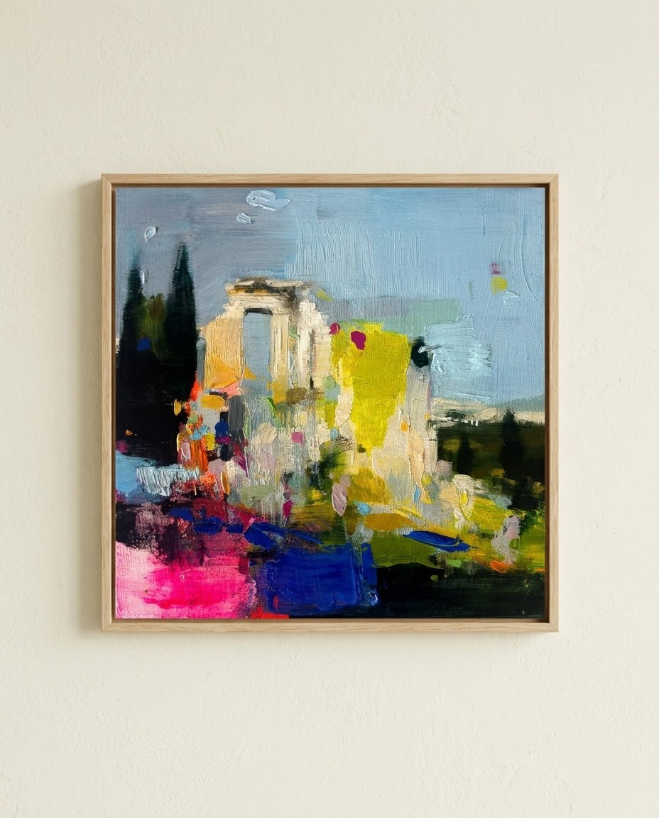 Cuadro de pequeño formato "El Camino Oculto" de Carlos Milanés (20x20 cm) expuesto en una pared, destacando su vibrante paleta de azules profundos y amarillos intensos seleccionada por Sezme Decor.