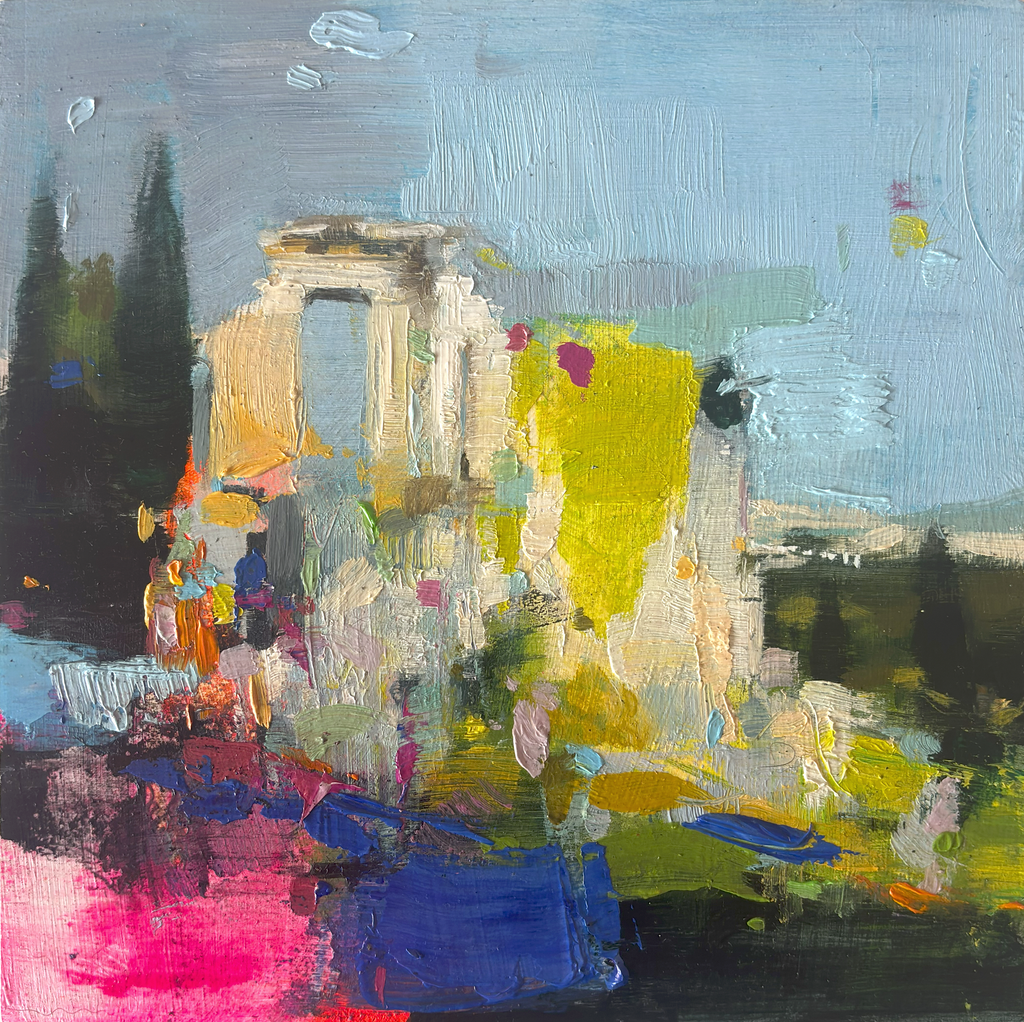 Pintura al óleo "El Camino Oculto" de Carlos Milanés, un cuadro de 20x20 cm con pinceladas expresionistas en azul, amarillo y rosa que evocan estructuras abstractas.