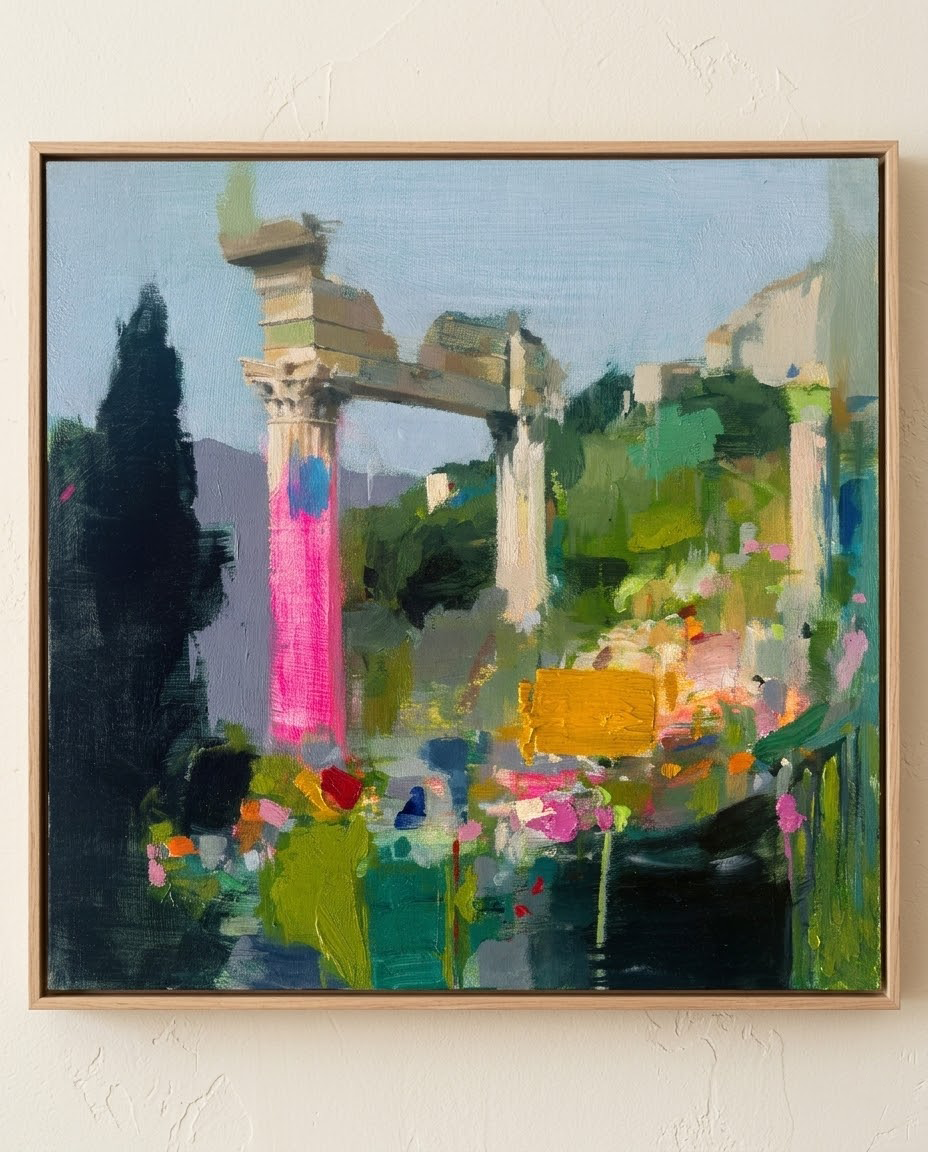 Cuadro de arte contemporáneo "El Inconsciente" de Carlos Milanés (30x30 cm) expuesto en una pared, destacando su columna clásica en rosa neón seleccionada por Sezme Decor.