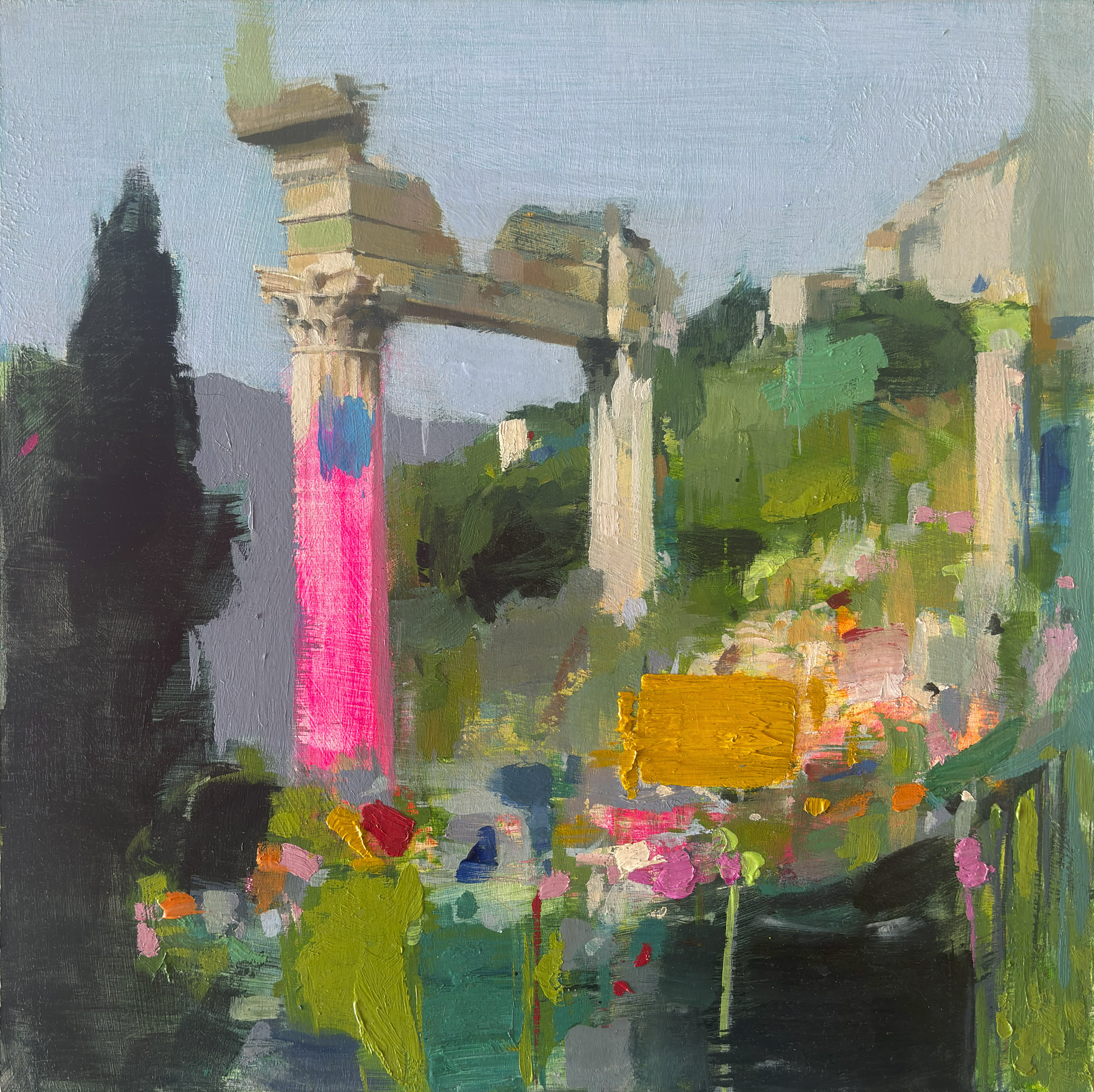 Pintura al óleo "El Inconsciente" de Carlos Milanés, mostrando una columna clásica en rosa vibrante rodeada de pinceladas abstractas en verde y amarillo.