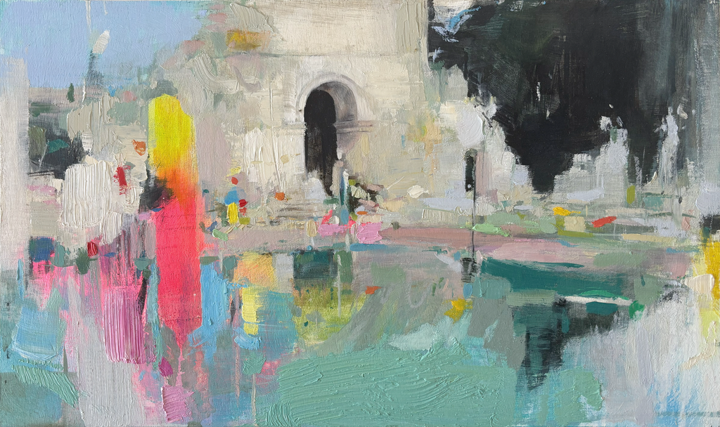 Pintura al óleo "El Silencio de la Forma" de Carlos Milanés, mostrando un arco arquitectónico rodeado de pinceladas expresionistas en colores vibrantes como rosa, amarillo y azul.