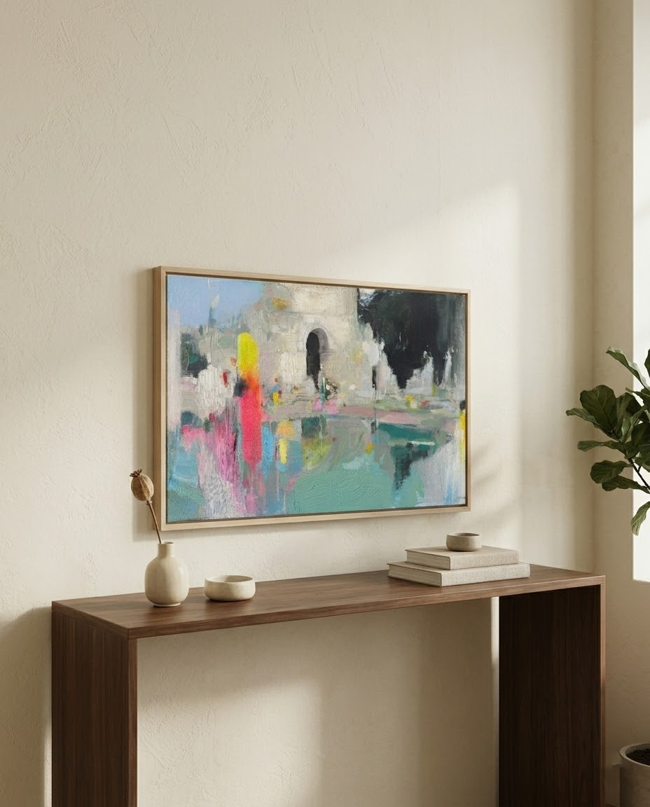 Cuadro de arte contemporáneo "El Silencio de la Forma" de Carlos Milanés (50x40 cm) expuesto en una habitación de estilo japandi.