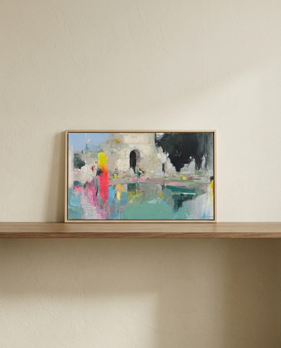 Cuadro de arte contemporáneo "El Silencio de la Forma" de Carlos Milanés (50x40 cm) expuesto en una pared, destacando el equilibrio entre su arco central clásico y la explosión de colores vibrantes seleccionada por Sezme Decor.