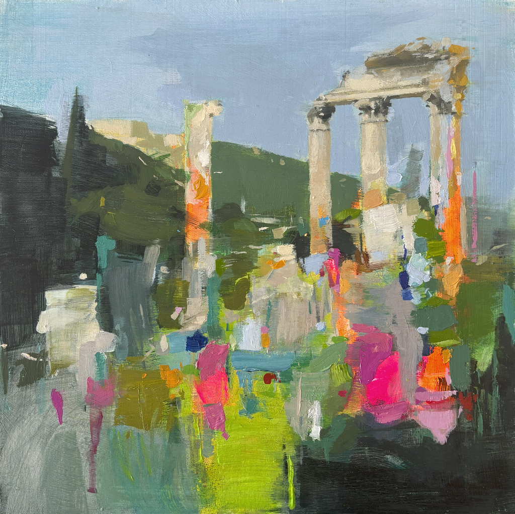 Pintura al óleo "Entre Ruinas" de Carlos Milanés, que muestra columnas de un templo clásico rodeadas de pinceladas abstractas en rosa, naranja y verde vibrante.
