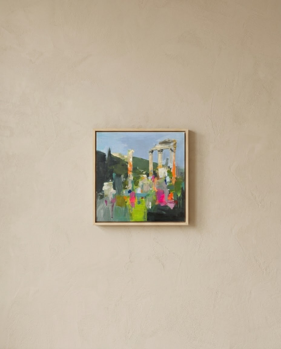 Imagen de la pintura al óleo "Entre Ruinas" de Carlos Milanés, expuesta en una pared.
