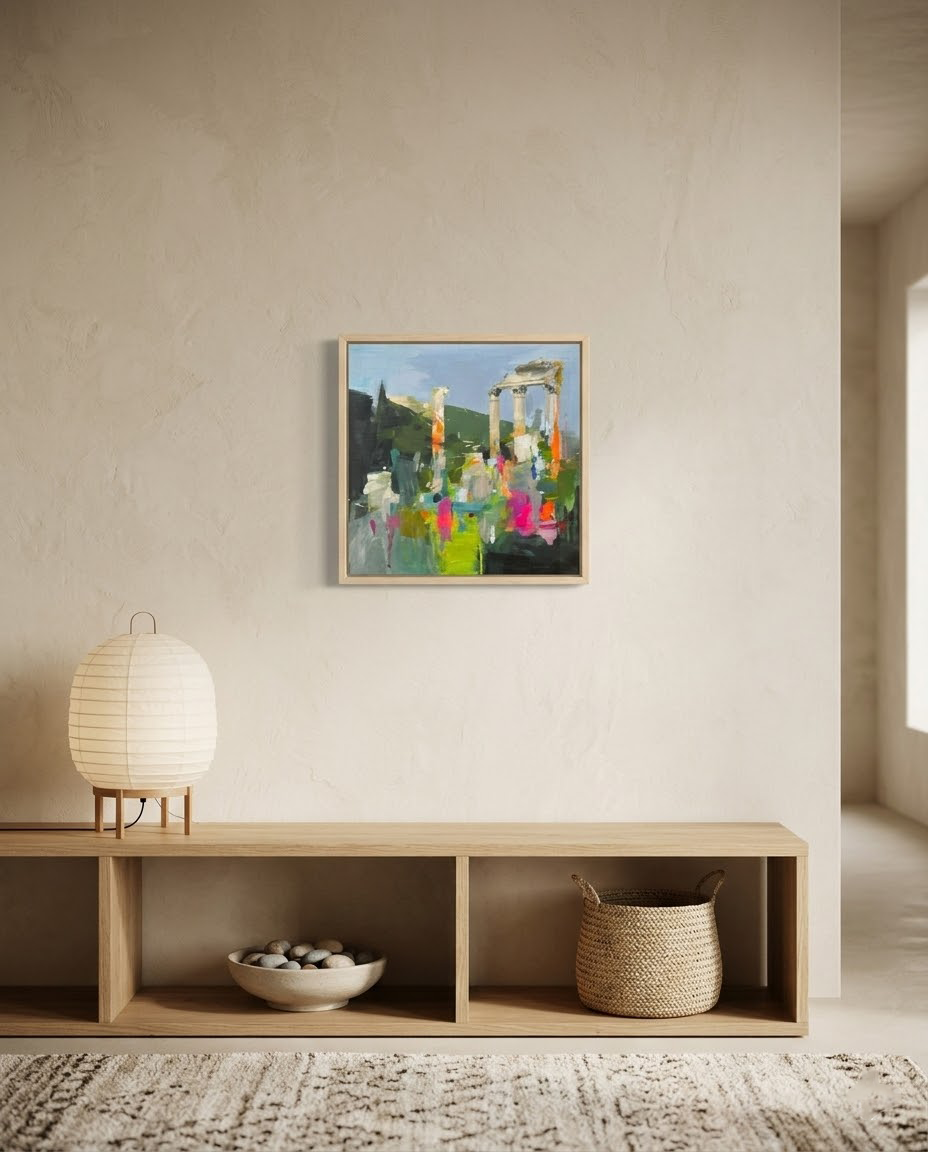 Pintura al óleo "Entre Ruinas" de Carlos Milanés, expuesta en un salón de estilo japandi.