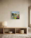 Pintura al óleo "Entre Ruinas" de Carlos Milanés, expuesta en un salón de estilo japandi.