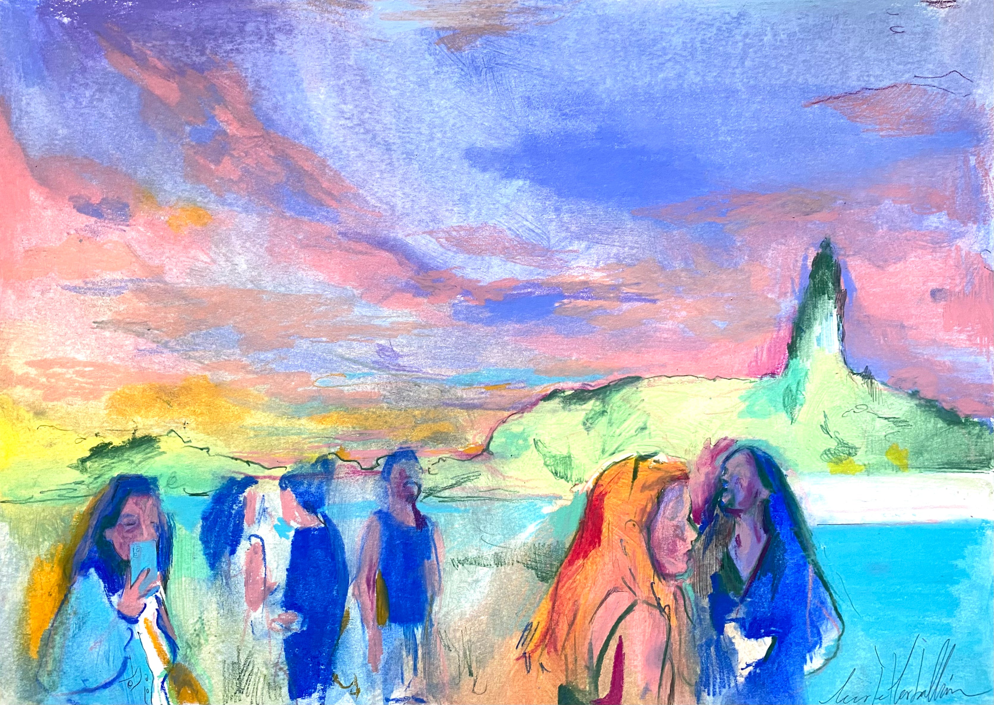 Vista completa de la obra de 30 x 40 cm "Fiesta pop al atardecer", mostrando el equilibrio entre el espacio negativo y la saturación pop de los personajes.