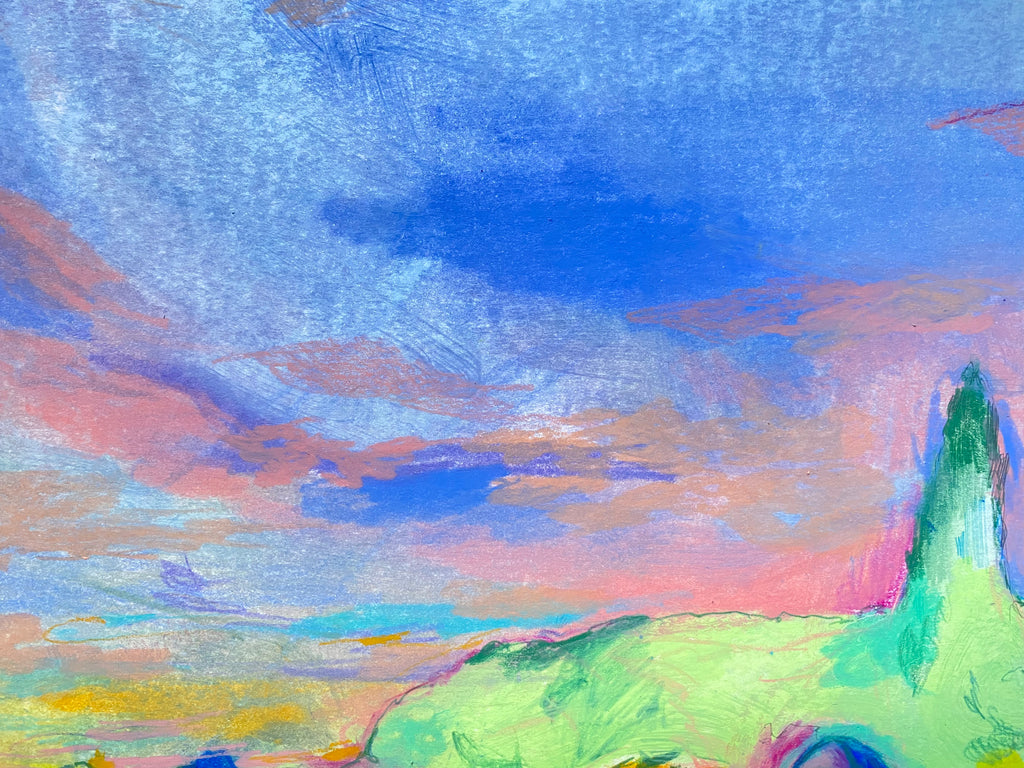 Detalle de las figuras y la vibración cromática en tonos azules y amarillos que recrean la luz del atardecer en una escena festiva.