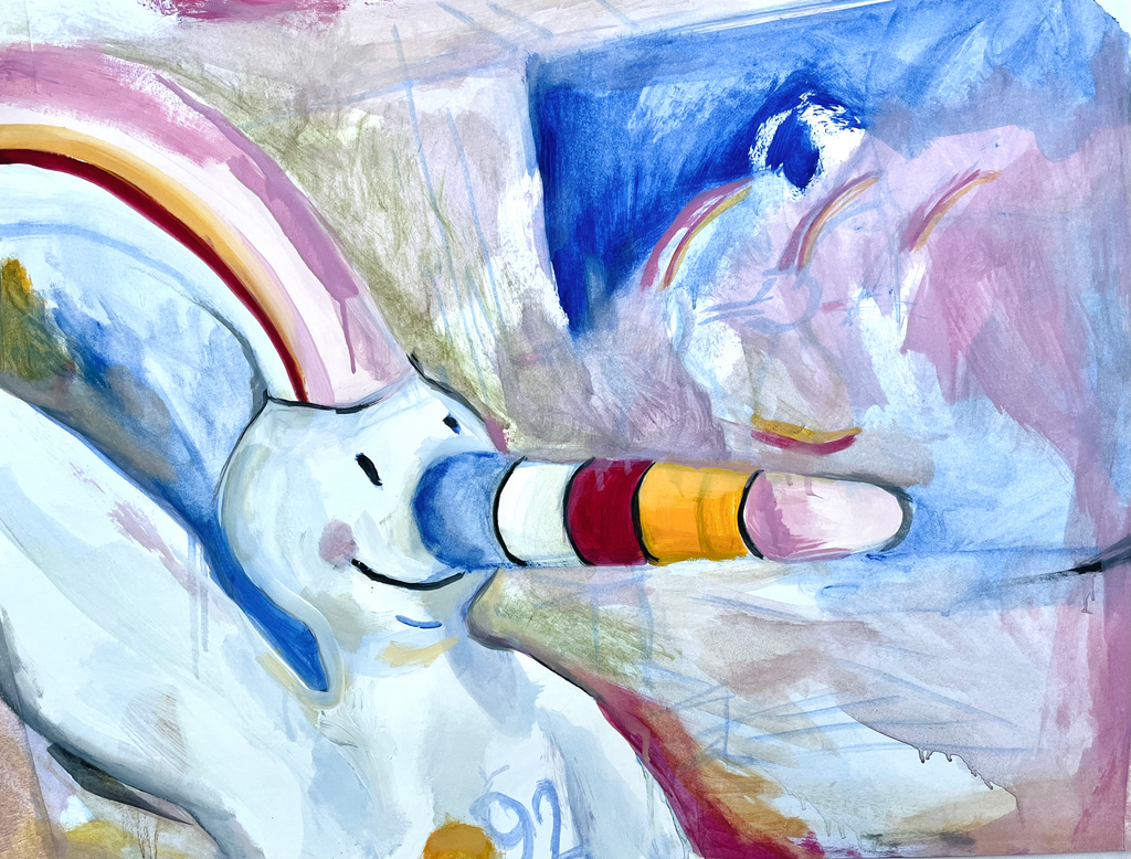 Alt Text 1 (Principal): Pintura abstracta y figurativa de gran formato que reinterpreta a Curro de la Expo '92 con colores neón y trazos enérgicos.