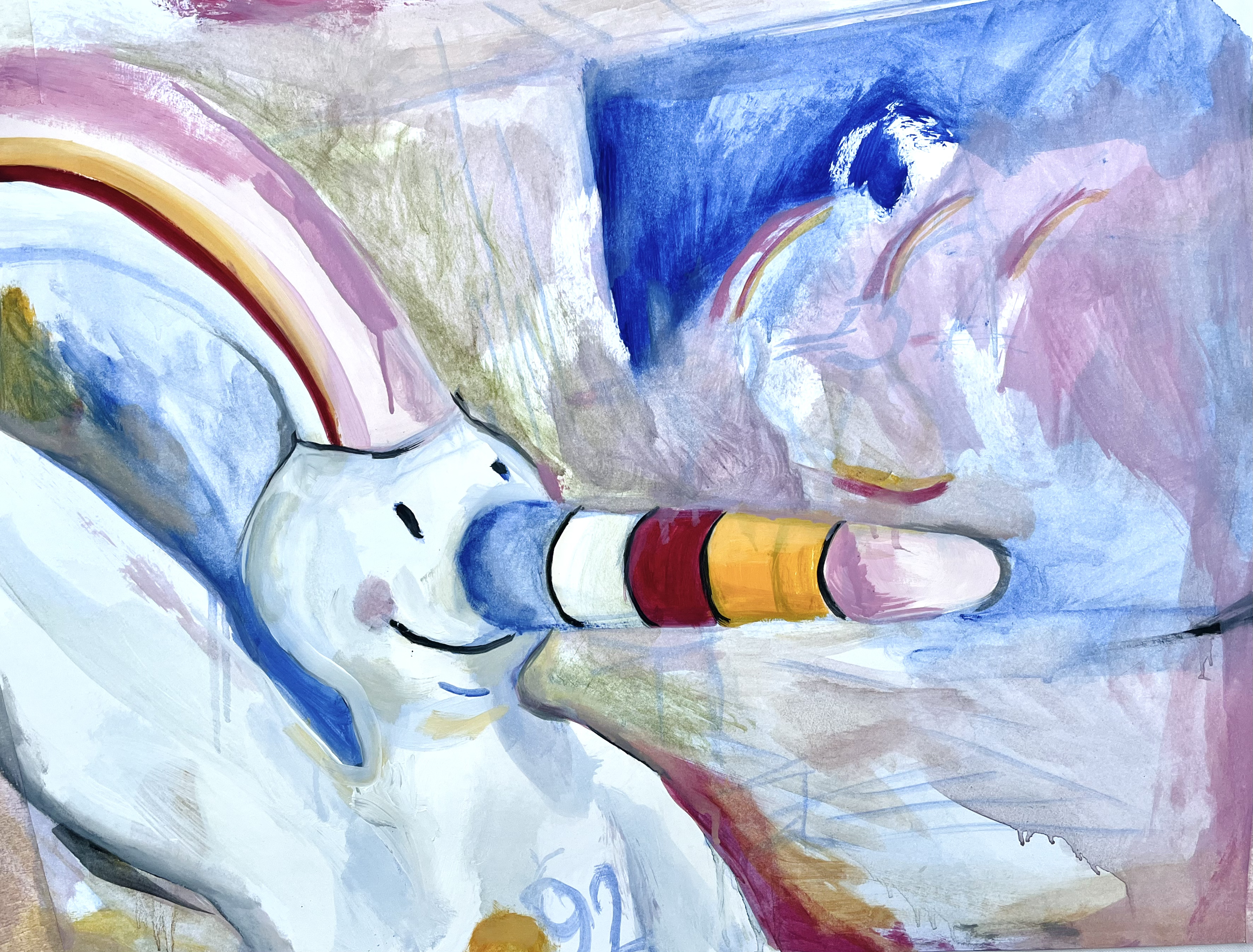 Alt Text 1 (Principal): Pintura abstracta y figurativa de gran formato que reinterpreta a Curro de la Expo '92 con colores neón y trazos enérgicos.