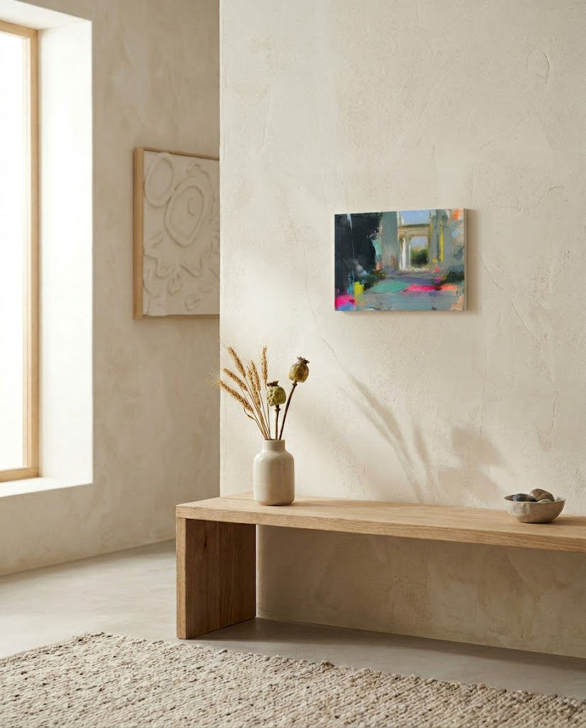 Cuadro moderno "Lo que permanece" colgado en una pared de yeso minimalista sobre un banco de madera clara. Fotografía de interiorismo de estilo mediterráneo con luz natural, mostrando cómo la obra abstracta complementa una decoración zen y contemporánea.