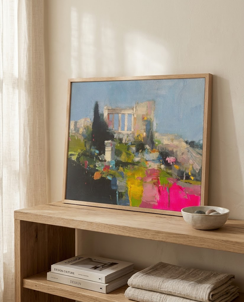 Cuadro abstracto moderno "No hay mapa" colgado en una pared de yeso texturizado en un salón de estilo zen y minimalista. La escena incluye un banco de madera, un jarrón beige con flores secas y luz natural, mostrando la obra como pieza central de la decoración.
