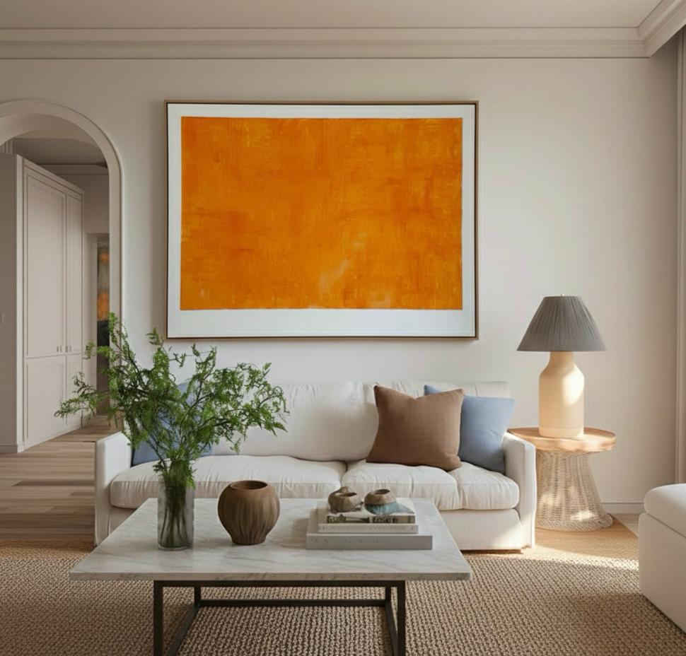 Obra "RESET" de gran formato colgado en un salón moderno, destacando el efecto de flotabilidad de la caja americana y la profundidad del color.