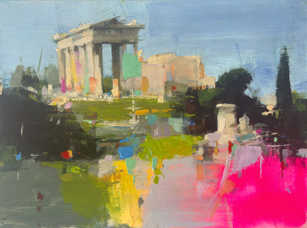 Pintura al óleo "Raíces del Sueño" de Carlos Milanés, representando un templo clásico con pinceladas empastadas en rosa, verde y amarillo vibrante.