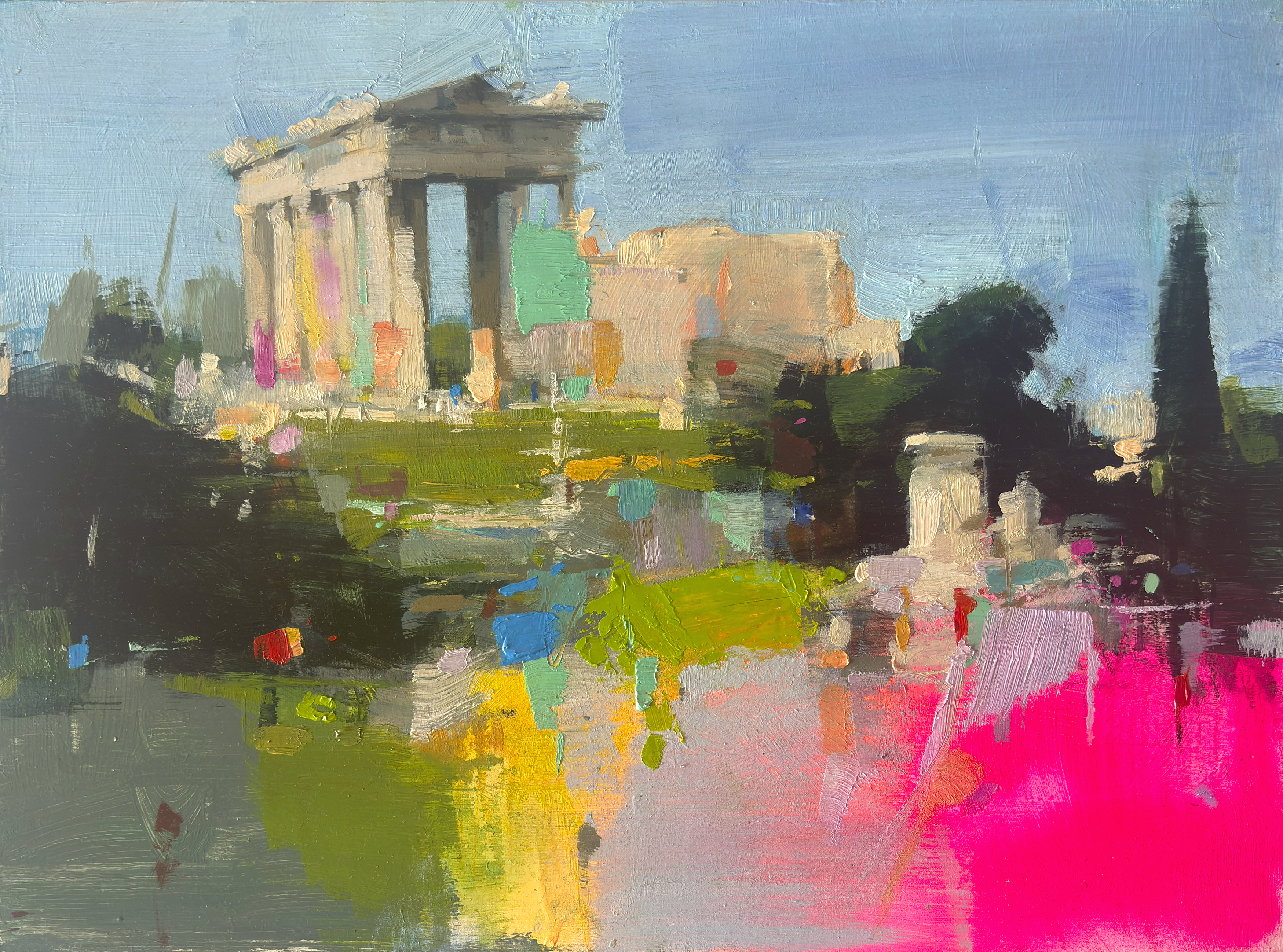 Pintura al óleo "Raíces del Sueño" de Carlos Milanés, representando un templo clásico con pinceladas empastadas en rosa, verde y amarillo vibrante.