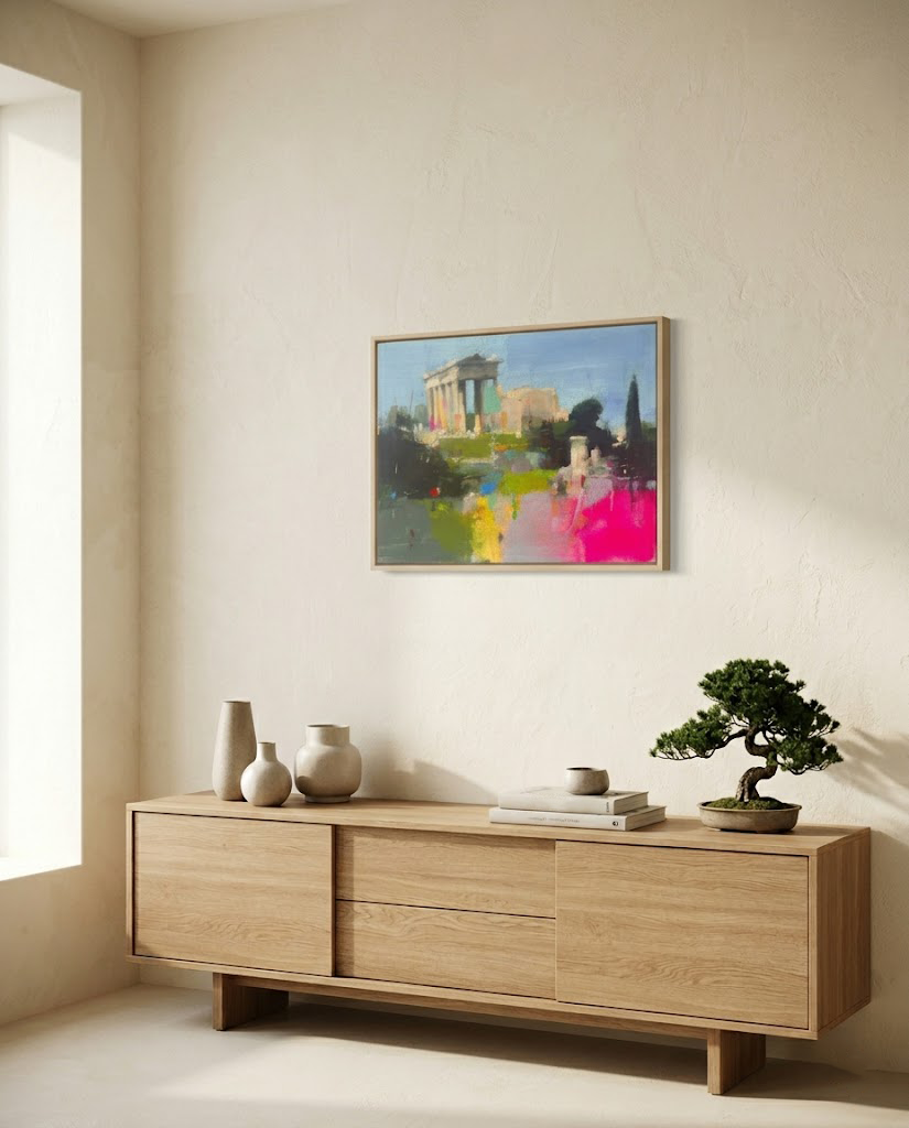 Decoración de salón minimalista y sereno con el cuadro abstracto "Raíces del Sueño" expuesto sobre una consola de madera natural. La escena incluye un bonsái y jarrones de cerámica, mostrando cómo esta pintura expresionista aporta color y sofisticación a un diseño de interiores moderno. Inspiración para decorar tu hogar con arte exclusivo.