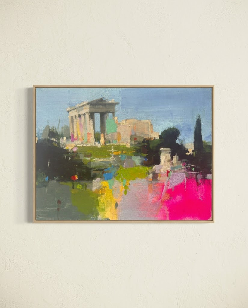 Obra de arte original enmarcada titulada "Raíces del Sueño". Una pintura al óleo abstracta y expresionista que reinterpreta ruinas clásicas con una paleta de colores audaz en rosa, verde, amarillo y azul suave. Esta pieza central de la colección es ideal para coleccionistas de arte moderno que buscan una declaración visual única. Comprar arte online.