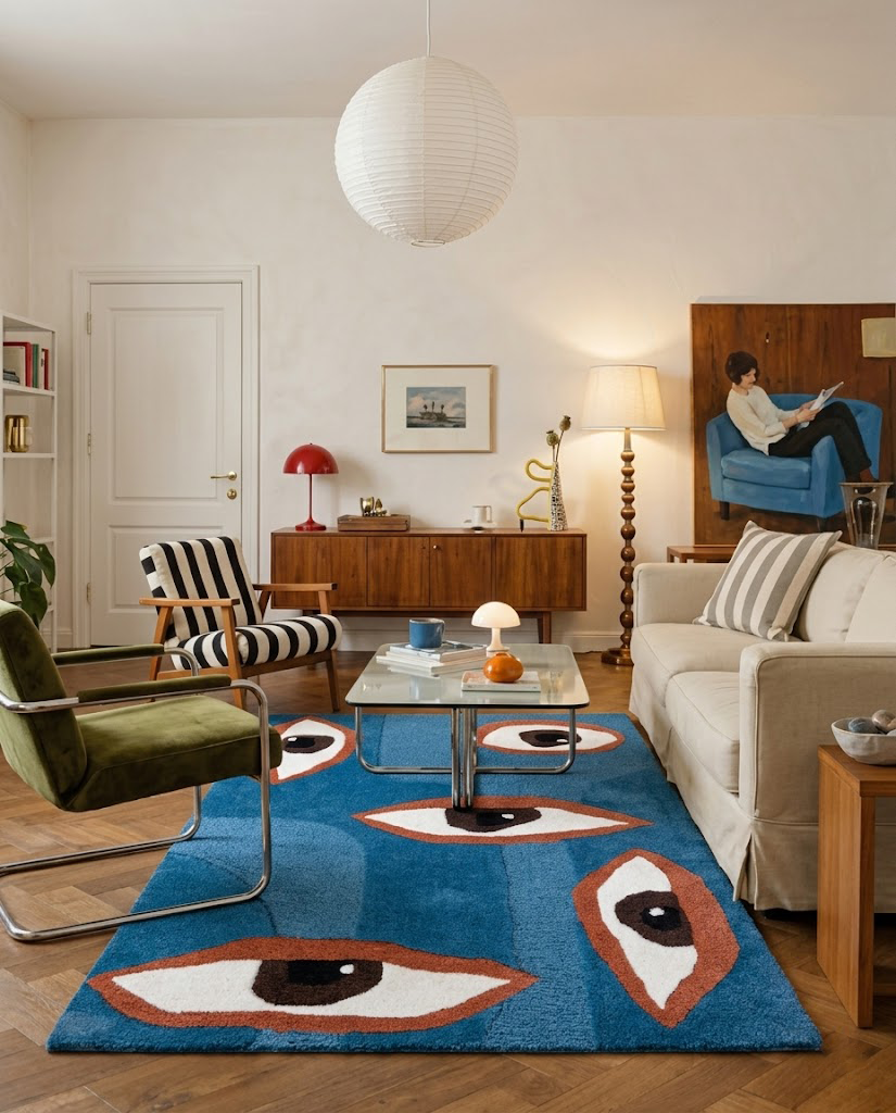 Salón ecléctico con alfombra azul de ojos grandes modelo Talismán, combinada con muebles de madera y butaca de terciopelo verde.