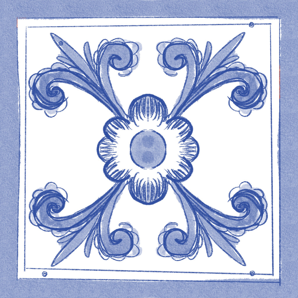 Azulejo Ayacucho Monocromo con diseño ornamental simétrico en azul cobalto sobre fondo blanco.