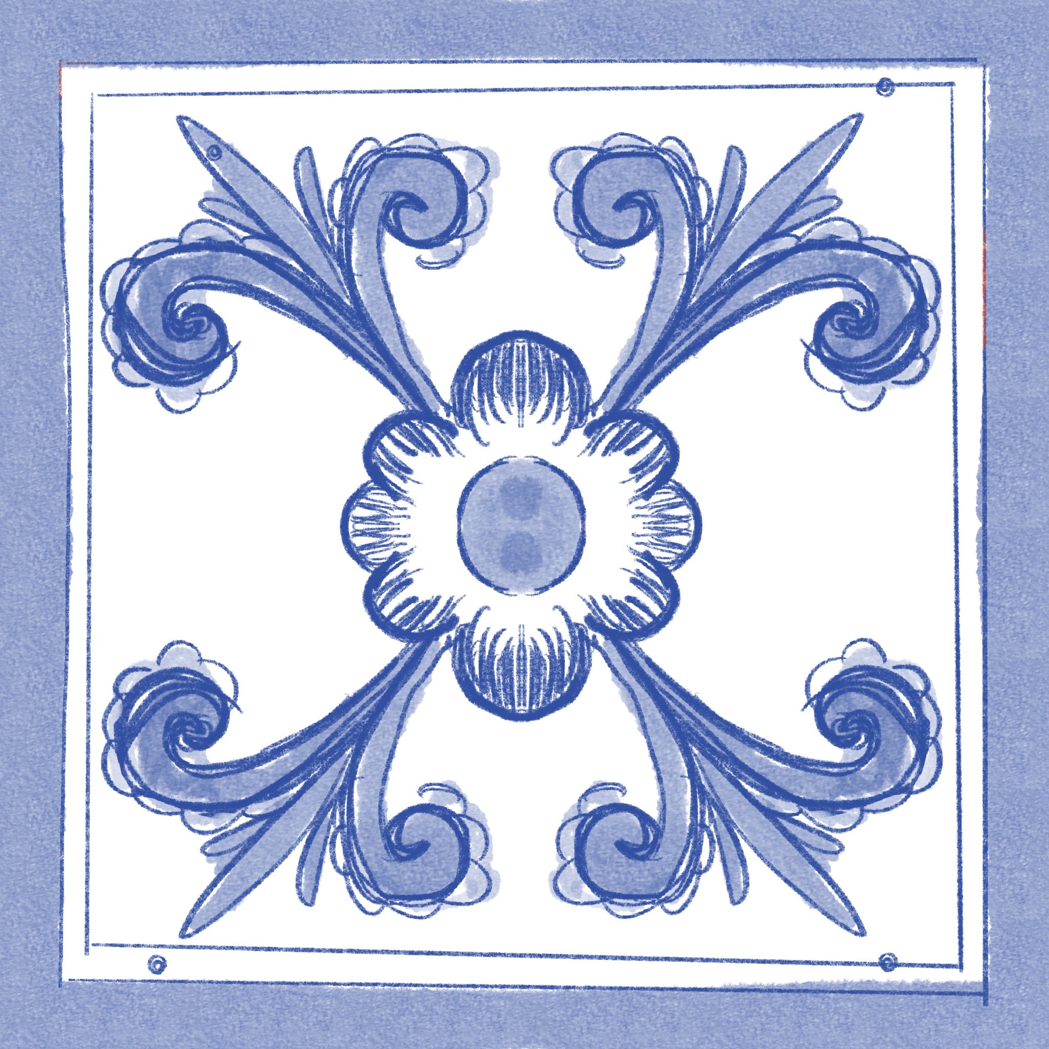 Azulejo Ayacucho Monocromo con diseño ornamental simétrico en azul cobalto sobre fondo blanco.