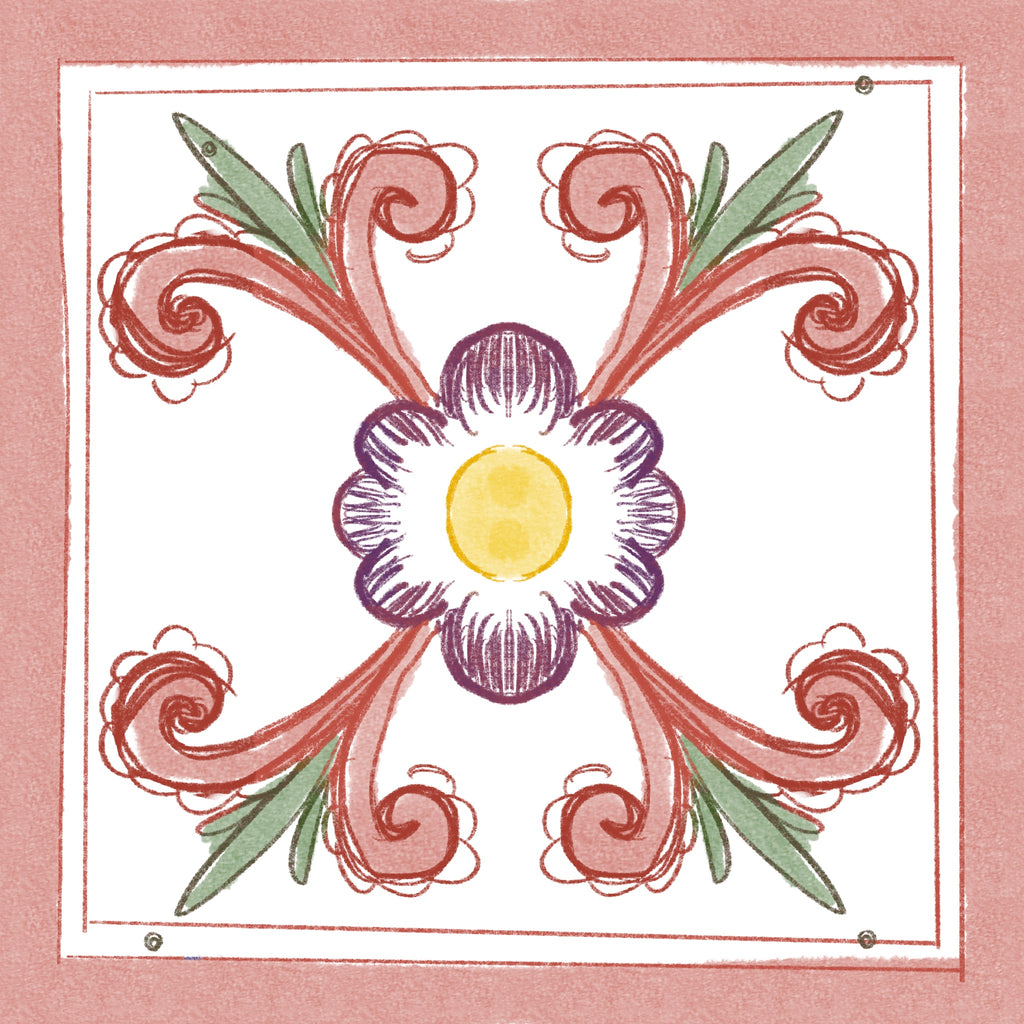 Azulejo Ayacucho Polícromo con diseño floral en rosa y violeta, pintado a mano por Constanza Rosell.