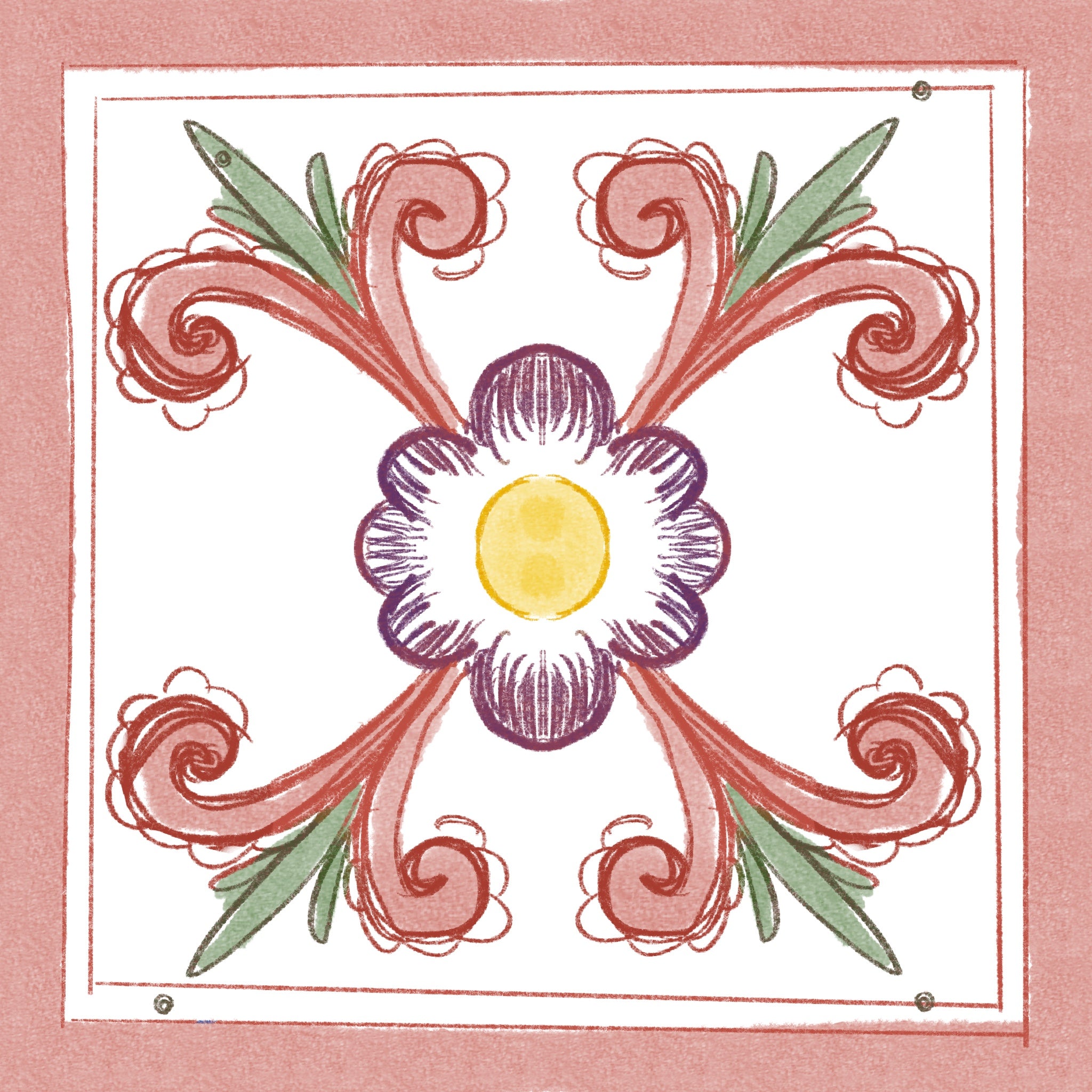 Azulejo Ayacucho Polícromo con diseño floral en rosa y violeta, pintado a mano por Constanza Rosell.