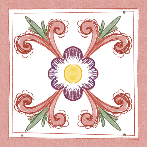 Azulejo Ayacucho Polícromo con diseño floral en rosa y violeta, pintado a mano por Constanza Rosell.