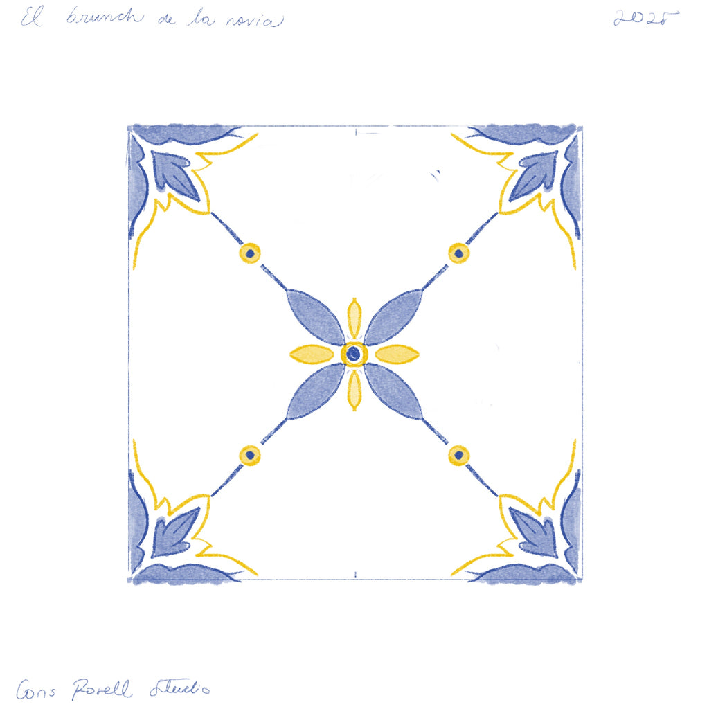 Azulejo Brote con diseño floral geométrico en azul y amarillo pintado a mano.