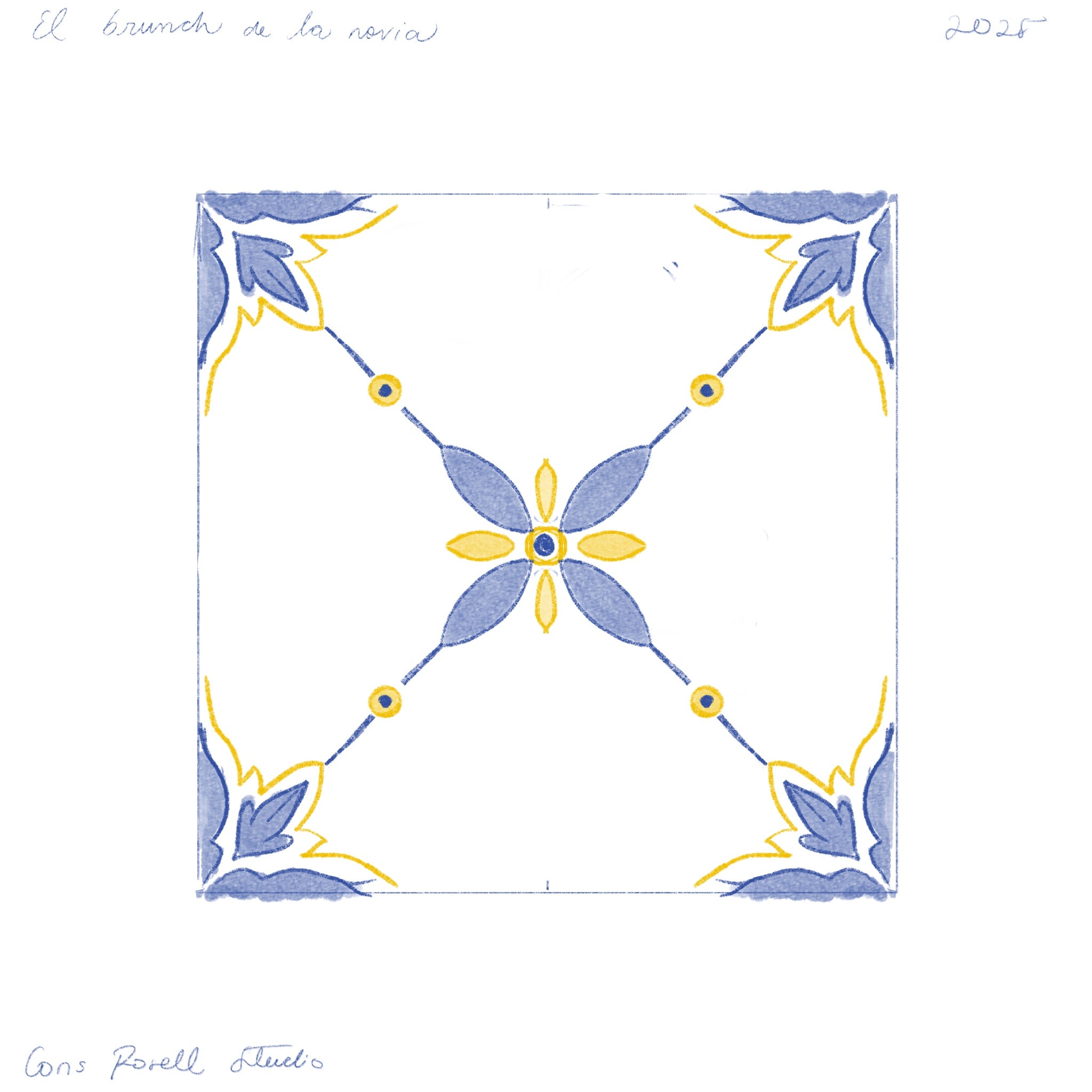 Azulejo Brote con diseño floral geométrico en azul y amarillo pintado a mano.