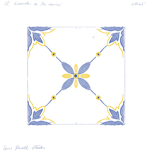 Azulejo Brote con diseño floral geométrico en azul y amarillo pintado a mano.