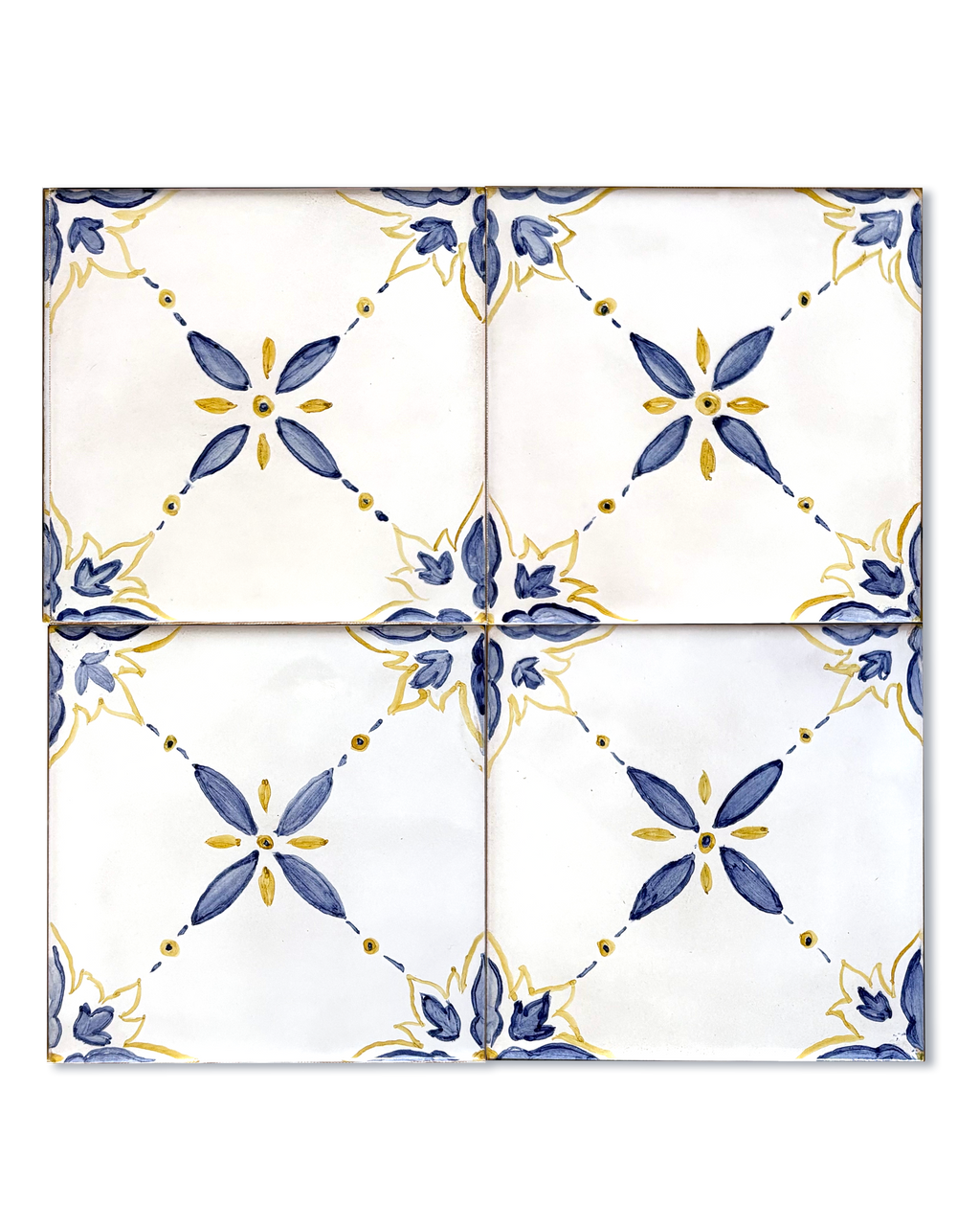 Patrón Azulejo Brote con diseño floral geométrico en azul y amarillo pintado a mano.
