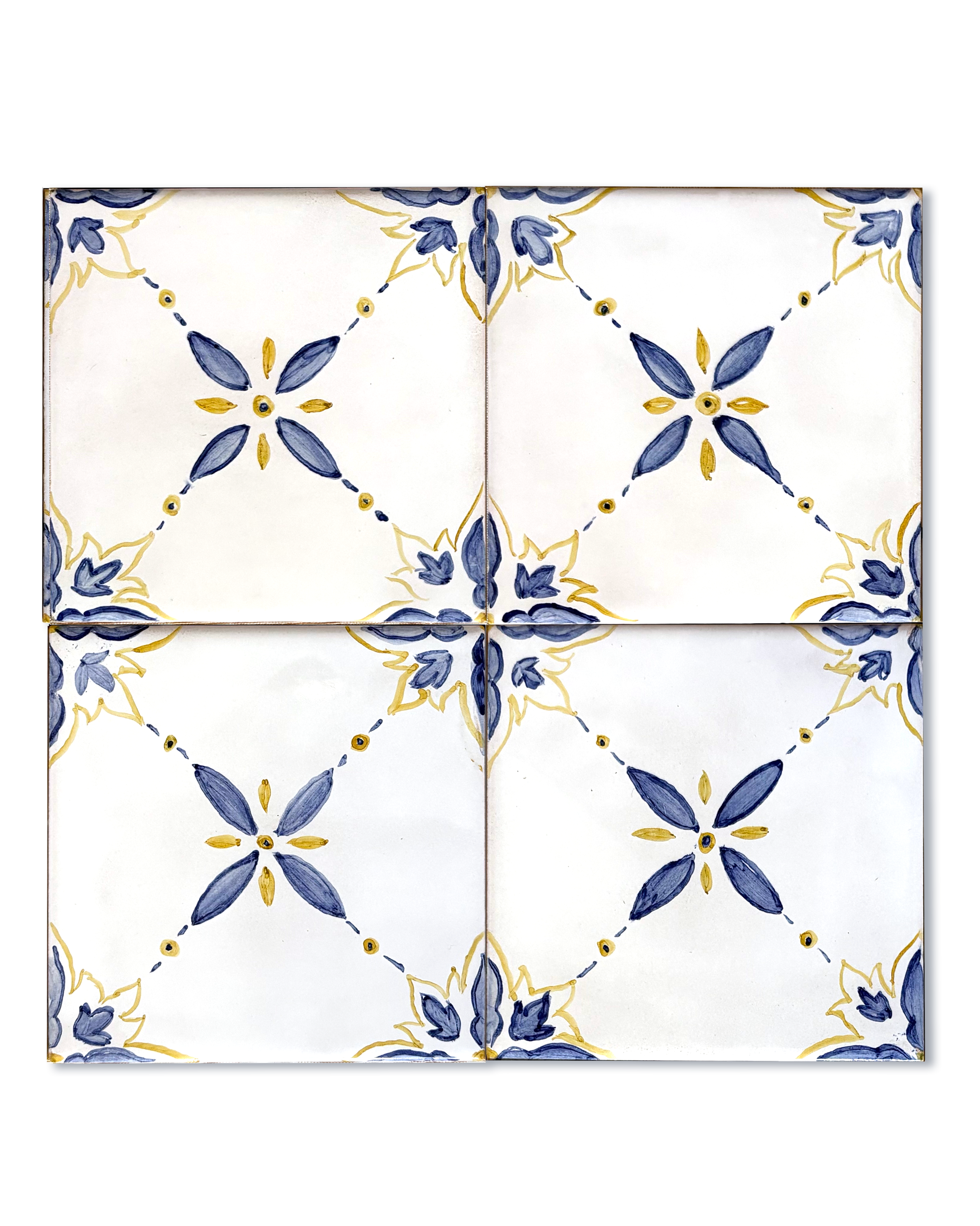 Patrón Azulejo Brote con diseño floral geométrico en azul y amarillo pintado a mano.