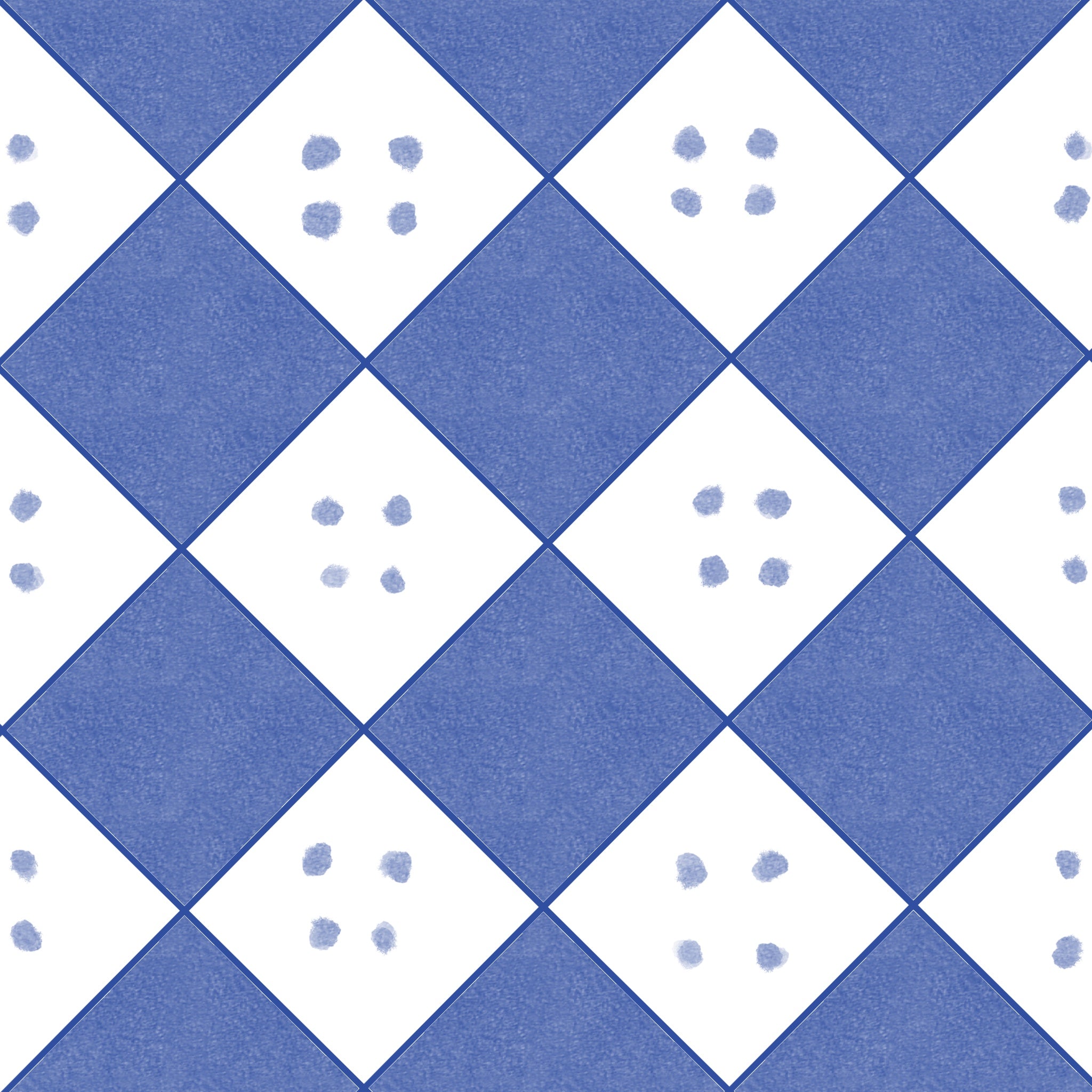 Azulejo Diamante en bruto con patrón geométrico romboidal en azul cobalto, pintado a mano.