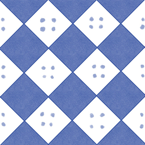 Azulejo Diamante en bruto con patrón geométrico romboidal en azul cobalto, pintado a mano.