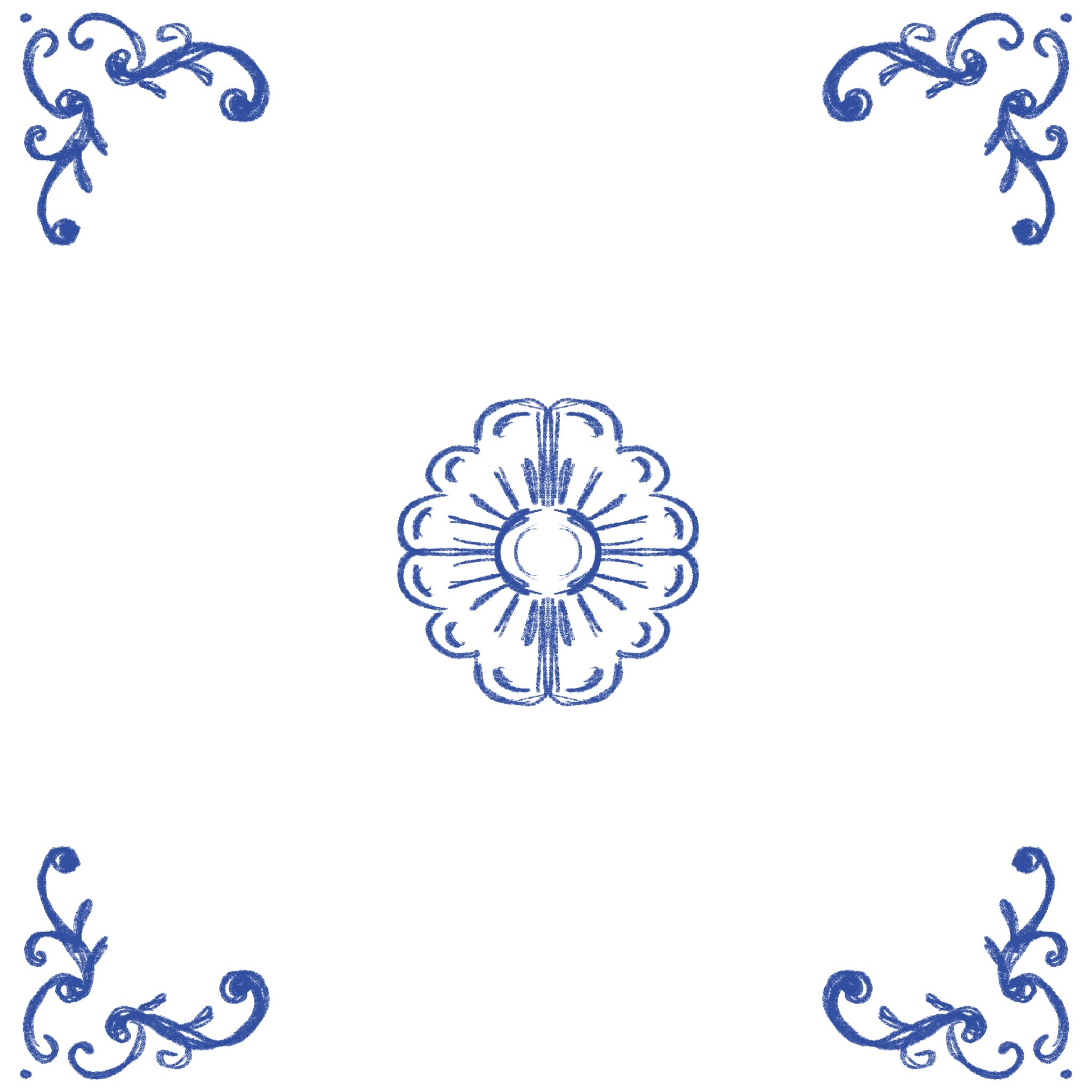 Azulejo de Esquina Revuelta con diseño de voluta y objeto central en azul cobalto, pintado a mano.