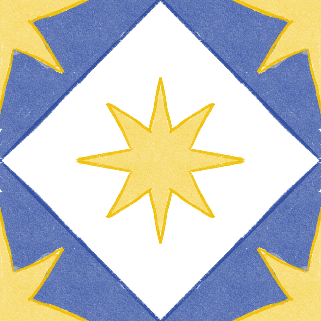 Azulejo Huerto con diseño de limones y hojas en azul y amarillo, pintado a mano por Constanza Rosell.