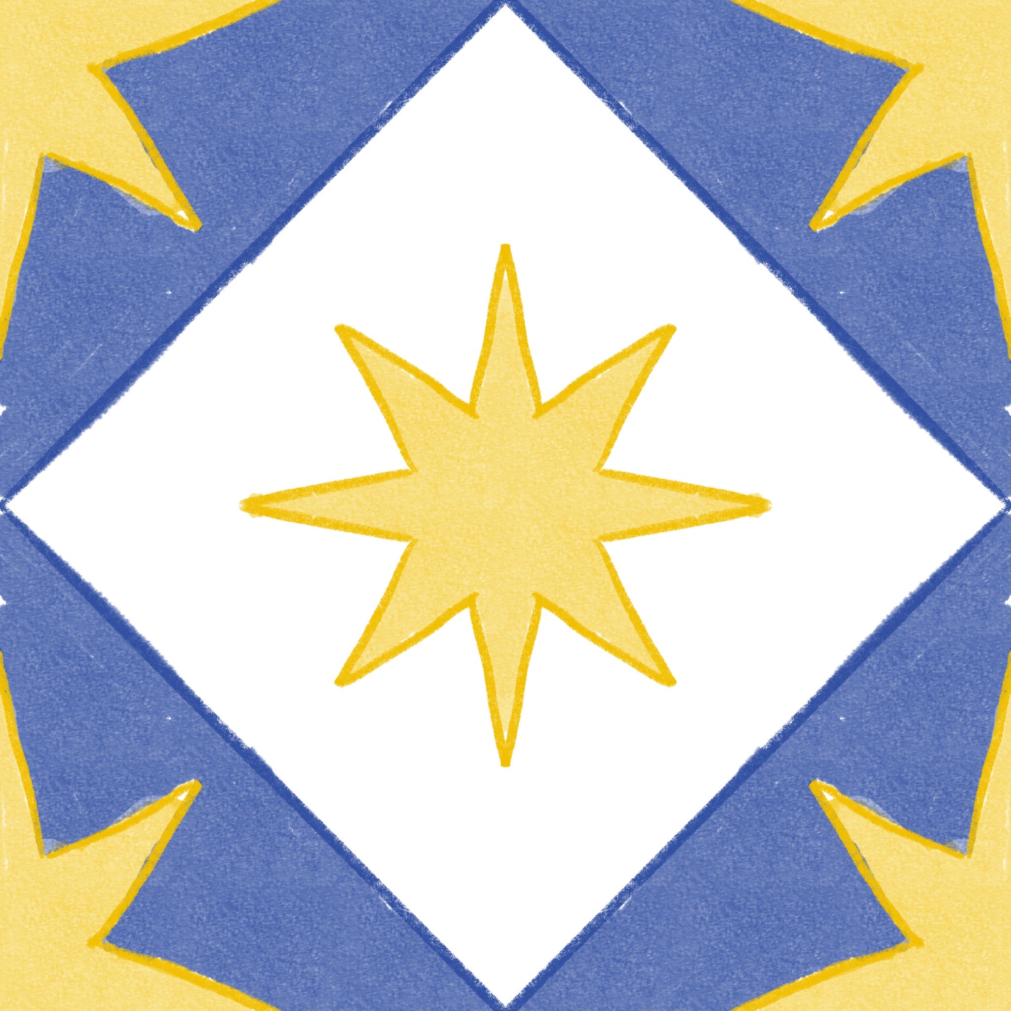 Azulejo Huerto con diseño de limones y hojas en azul y amarillo, pintado a mano por Constanza Rosell.