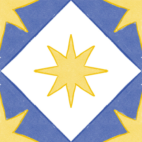 Azulejo Huerto con diseño de limones y hojas en azul y amarillo, pintado a mano por Constanza Rosell.