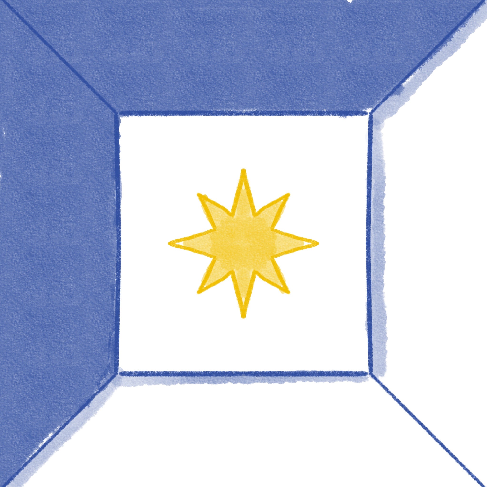 Azulejo Punta Estrella con patrón de estrella de ocho puntas en azul y amarillo, pintado a mano.