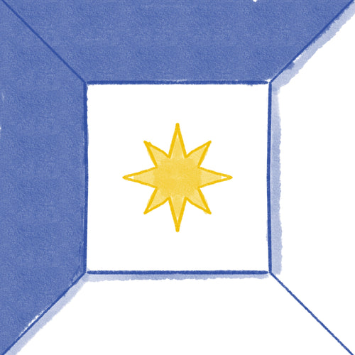 Azulejo Punta Estrella con patrón de estrella de ocho puntas en azul y amarillo, pintado a mano.