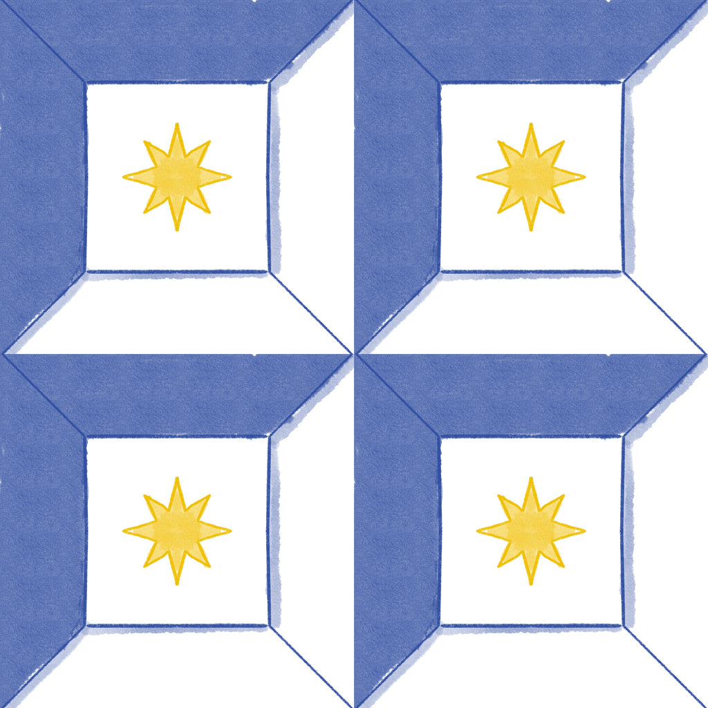 Composición de azulejos artesanales Punta Estrella creando un patrón geométrico continuo.