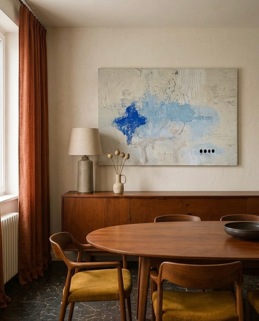 Cuadro abstracto moderno de gran formato con texturas en azul y blanco, colgado sobre un aparador de madera en un comedor de diseño nórdico o mid-century con cortinas terracota.