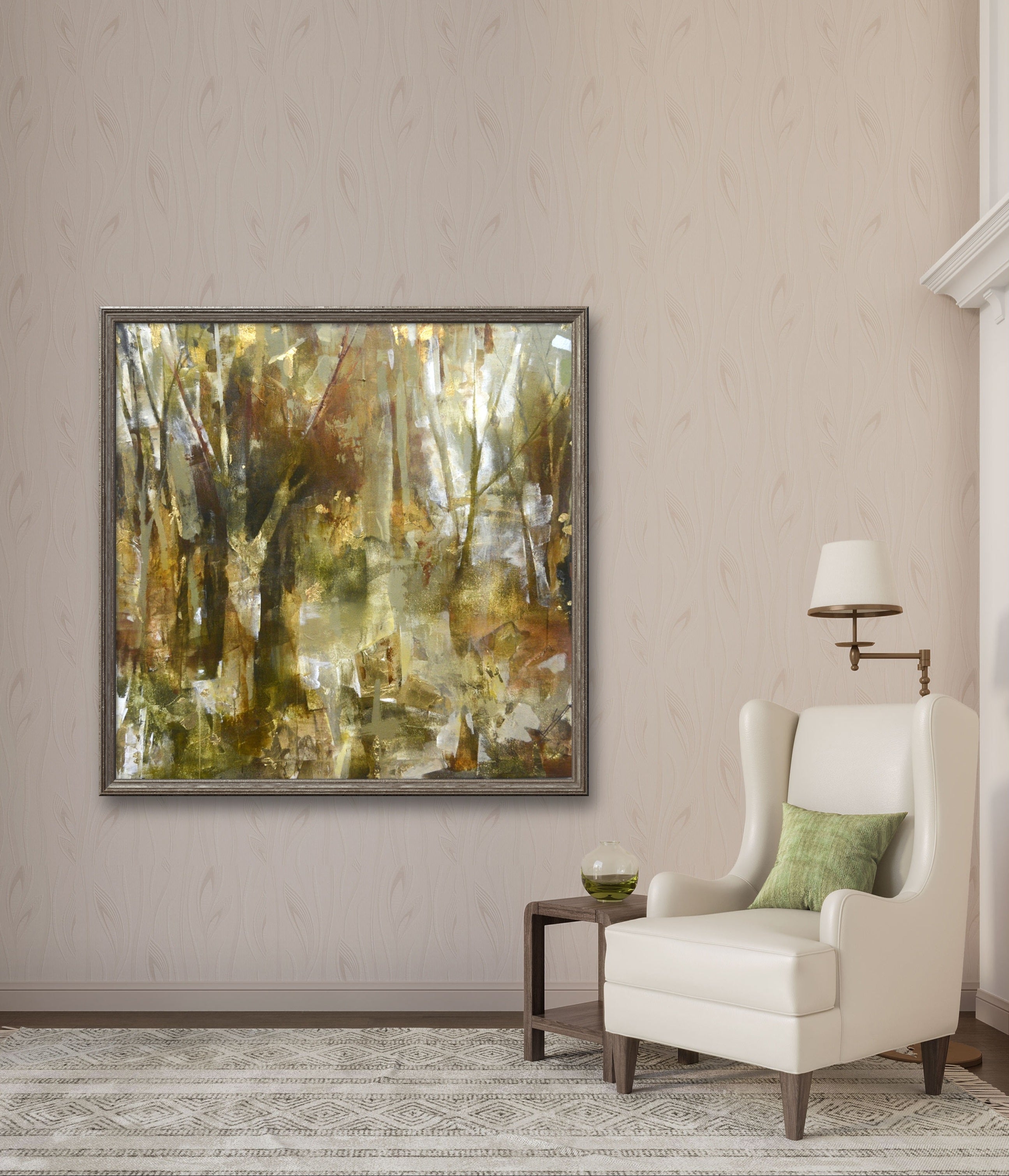 Vista de la obra "Otoño" de 100x100 cm montada en un ambiente decorativo moderno para apreciar su escala y reflejos.